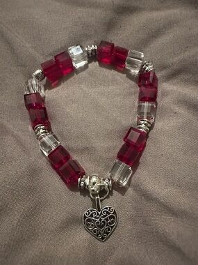 Red and Clear Cube Bead Heart Charm Bracelet -